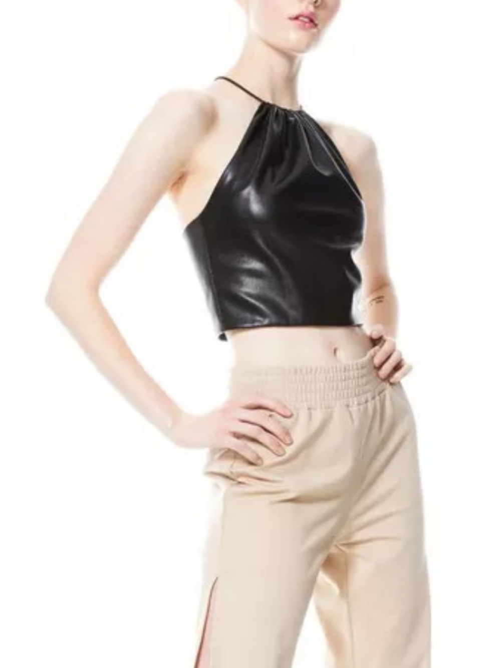 Alice and Olivia Zumi vegan leather halter top